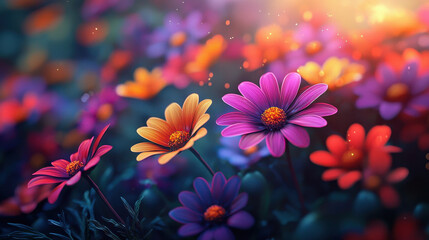 Poster - A vibrant 3D background showcases a colorful array of realistic flower expressions in shades of purple, orange and red, creating a beautiful floral display.