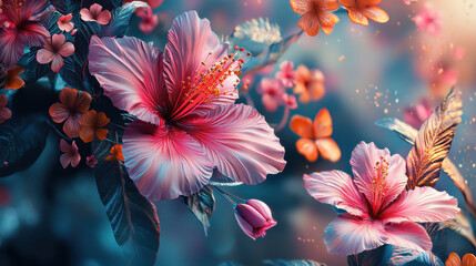 Poster - Bold 3D abstract flowers in realistic 4K resolution bloom vibrantly on a dark background, viewed from the side creating a captivating and beautiful botanical art piece.
