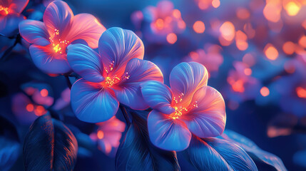 Poster - Artistic 3D background shows surreal glowing flowers with an ethereal quality, a dreamy floral interpretation bathed in shades of blue, pink, and magical light.