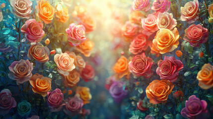 Poster - Artistic background showing a 3D rendered floral scene with realistic expressions of vibrant roses and soft light enhancing its beauty and creative expressions.