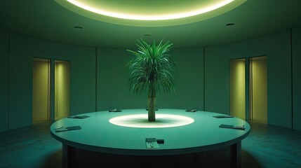 Fototapete - Round dining table with pale finish and a small artificial monstera in center
