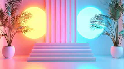 Poster - A 3D rendered artistic arrangement in 4K showcases a modern stage with neon circles and potted plants against a vividly colored background, a realistic scene.