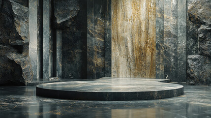 Poster - An artistic 3D arrangement showcases a realistic 4K stone background with textured columns and a sleek presentation stage in an elegant side view design.