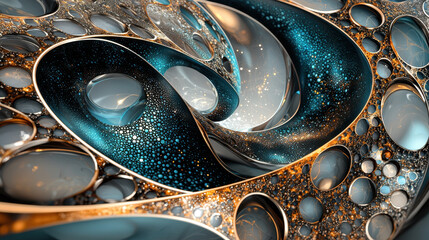 Aufkleber - A realistic 4K 3D abstract background features swirling teal and gold motifs viewed from a side angle, creating a complex and mesmerizing futuristic design.