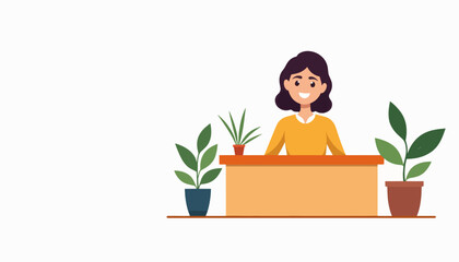 Poster - Smiling employee at reception desk in lobby, welcoming atmosphere