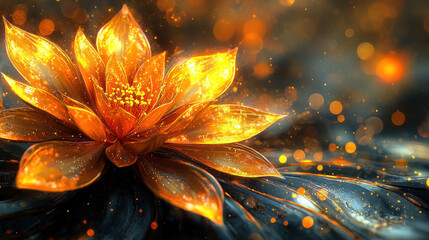 Poster - 3D abstract background with a luminous golden flower creating realistic impressions with dreamy bokeh and soft light effects, giving it artistic expression.