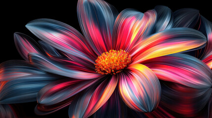 Poster - A realistically rendered 3D illustration depicts a vibrant abstract flower with petals glowing in shades of pink, blue, and yellow against a dark background.