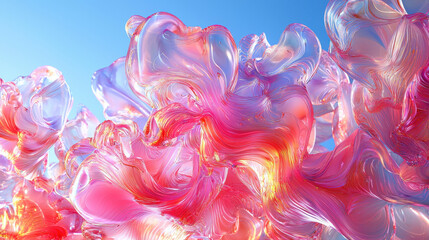 Poster - Abstract 3D flora pattern creates a mesmerizing background, showcasing realistic 4K detail and vibrant colors against a clear blue sky, captivating the viewer.