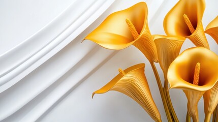 Poster - Rich 3D rendering of golden calla lilies intertwined with stucco elements, elegant composition