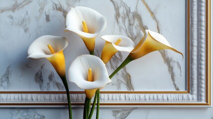 Poster - Rich 3D rendering of golden calla lilies intertwined with stucco elements, elegant composition