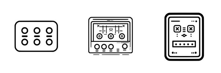 Poster - Three vector icons depict audio control devices featuring buttons and sliders, emphasizing a minimalistic aesthetic