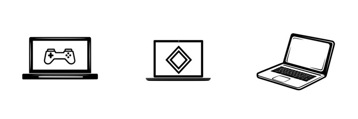 Poster - Vector illustration of gaming and technology icons displayed on laptop screens with different designs and styles