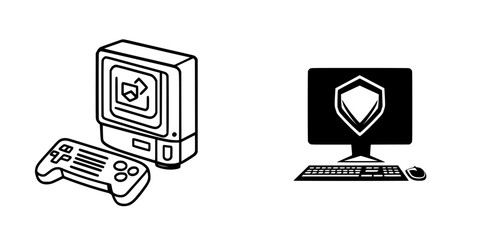 Poster - Modern gaming interface illustrated in vector format, showcasing a retro console and a secure desktop computer setup
