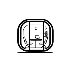 Poster - Modern vector illustration of a minimalist workspace featuring a desk, chairs, and plants in a stylized design