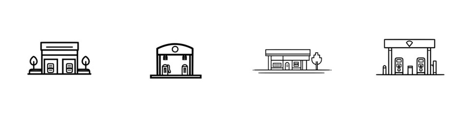 Poster - Vector illustration of various building types including a restaurant, store, house, and gas station in a minimalistic style