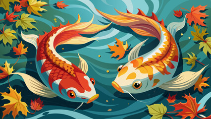 portrait Closeup Two Koi Fish Swimming in Water with Autumn Leaves Very beautiful