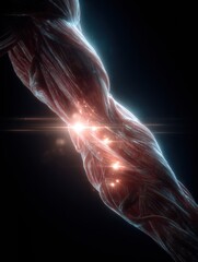 Poster - Glossy Render Showcasing Triceps Contraction With Dynamic Lens Flare Effects Revealing Muscle Definition and Detail