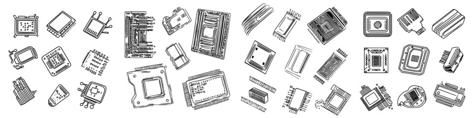 Fototapete - A collection of linear style pictograms and modern symbols is available, featuring icons such as cpu processor, pc chip, circuit board, and laptop hardware in a set of outline computer microchip line