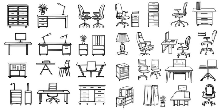 A collection of modern workplace line icons is available, featuring a linear style pictogram pack and outline symbols, including signs and logo illustrations of workspace, desktop computer, office