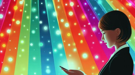 Fototapete - A young woman in a suit looks at her device in a vibrant and colorful setting with light effects creating a mesmerizing and engaging visual experience overall.