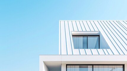 Poster - Angular Metal Roofing Design on Contemporary Suburban Home, showcasing innovative architecture, modern aesthetic, and distinctive structural elements, highlighting urban living.