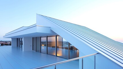 Poster - Angular Metal Roofing on Contemporary Suburban House, showcasing sleek design and innovative materials, emphasizing modern architectural aesthetics and harmonious integration with the environment.