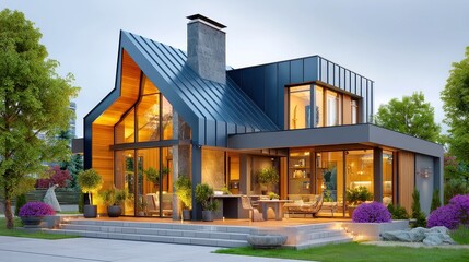 Poster - Angular Metal Roofing on Contemporary Suburban Home, showcasing unique design elements, contrasting textures, dynamic shapes, enhancing modern architectural aesthetics.