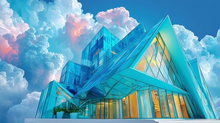 Poster - Clouds and Roofs, Soft clouds drift above sharp roof ridges, showcasing a striking contrast of textures and forms within contemporary architecture against an open sky.