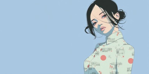 Fototapete - An illustration depicts a young woman with black hair pulled back loosely, gazing towards the viewer against a pale blue background showcasing an Asian-inspired design.