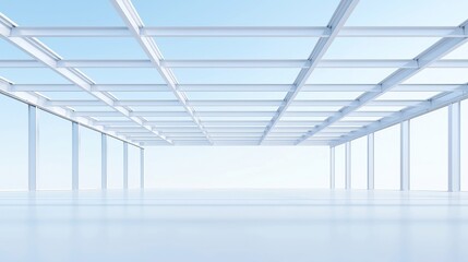 Poster - Modular Steel Roof Structure, showcasing a contemporary design with geometric precision, open spaces, and a striking interplay of light and shadow in an architectural context.