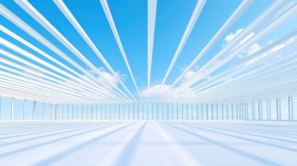 Poster - Modular Steel Roof Structure, dynamic architectural design showcases a perspective view emphasizing clean lines and innovative construction in an open space.