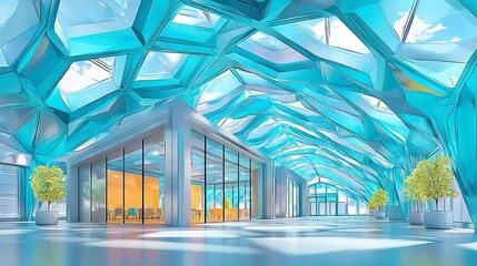 Poster - Modular Steel Roof Structure, perspective view showcasing a sleek architectural design, emphasizing clean lines and spaciousness in the overall composition.