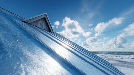 Poster - Shimmering Silver Aluminum Roof, a bright afternoon captures the sleek surface reflecting sunlight, creating sharp shadow lines and an expansive, open atmosphere.
