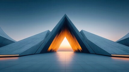 Poster - Symmetrical Steel Roofline, a striking architectural feature showcasing a multi-angled design, emphasizing sharp lines and modern aesthetics against a clear backdrop.
