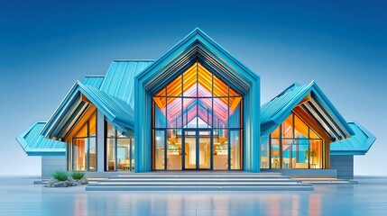Poster - Symmetrical Steel Roof Design, A striking multi-angled steel roofline showcases intricate symmetry and modern architecture against a clear sky, emphasizing structural elegance and creativity.