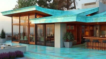 Poster - Minimalist Urban Home with Blue-Toned Metal Roofing, Sleek Lines, Open Space, Modern Architecture, Contemporary Design, Urban Aesthetic, Innovative Exterior