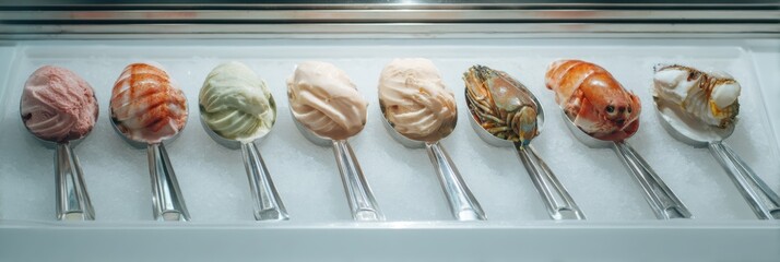 Poster - Seafood Display Presented in an Ice Cream Scoop Style With a Clean Background Showcasing Various Seafoods in an Upscale Setting