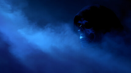 Wall Mural - A shadowy figure with a skull face emerges from a dark mist.