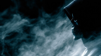 Wall Mural - A shadowy figure with a skull face emerging from a dark mist.