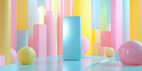 Poster - Smartphone on Pastel Background with Geometric Shapes and Soft Colors