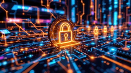 Poster - Futuristic illustration depicts a digital padlock secu the supply chain with advanced technology network.
