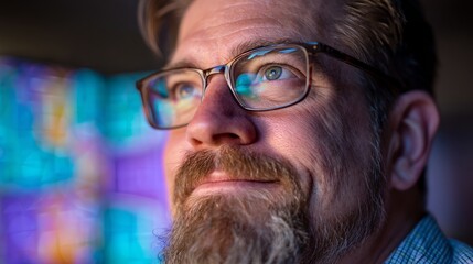 Casual IT specialist with abstract tech background, symbolizing innovation in modern workspaces