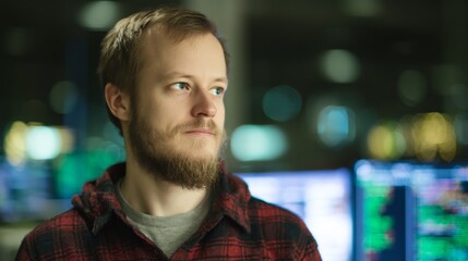 Casual IT specialist with abstract tech background, symbolizing innovation in modern workspaces