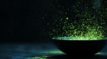 Fototapete - Bright unripe matcha explodes from a black-market bowl, frozen in time, minimalist style with zen composure