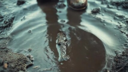 Poster - A person standing in a puddle of water, wearing brown boots