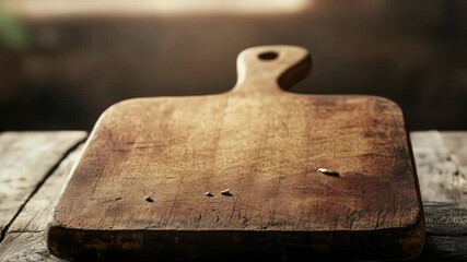 Poster - A simple kitchen setup with a wooden cutting board resting on a wooden table, ready for food preparation