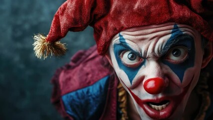 Poster - A close-up shot of a person wearing a clown mask, suitable for use in various scenarios where a character is hiding their identity
