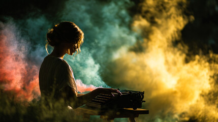 Wall Mural - A woman typing on a vintage typewriter with colorful smoke effects in a creative setting.