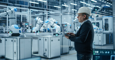 Fototapete - Caucasian Male Engineer in a Hard Hat Using a Laptop Computer to Monitor Robotic Arms in an Advanced Industrial Factory. Specialist Overlooking Modern Automated Electronics Manufacturing