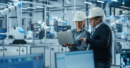 Leinwandbilder - Male Engineer and Female Project Manager Standing Next to an Assembly Line, Talking, Using Computer and Monitoring Production at a Modern Automated Electronics Manufacture with AI Robotic Arms